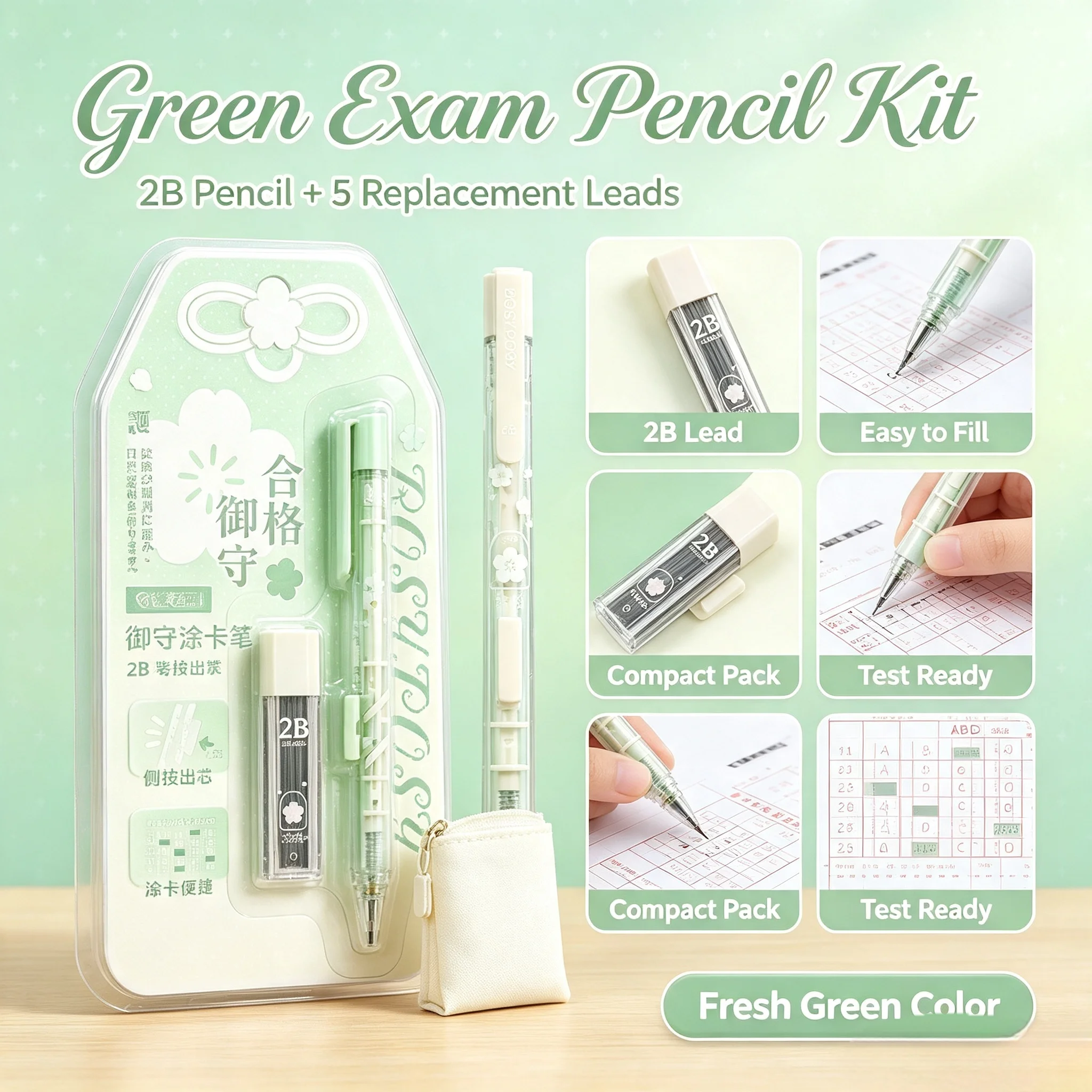 Lucky Omamori Exam Pencil Set Kawaii Retro Japanese 2B Mechanical Pencils for Test Prep with Refills Student Writing Supplies view 4