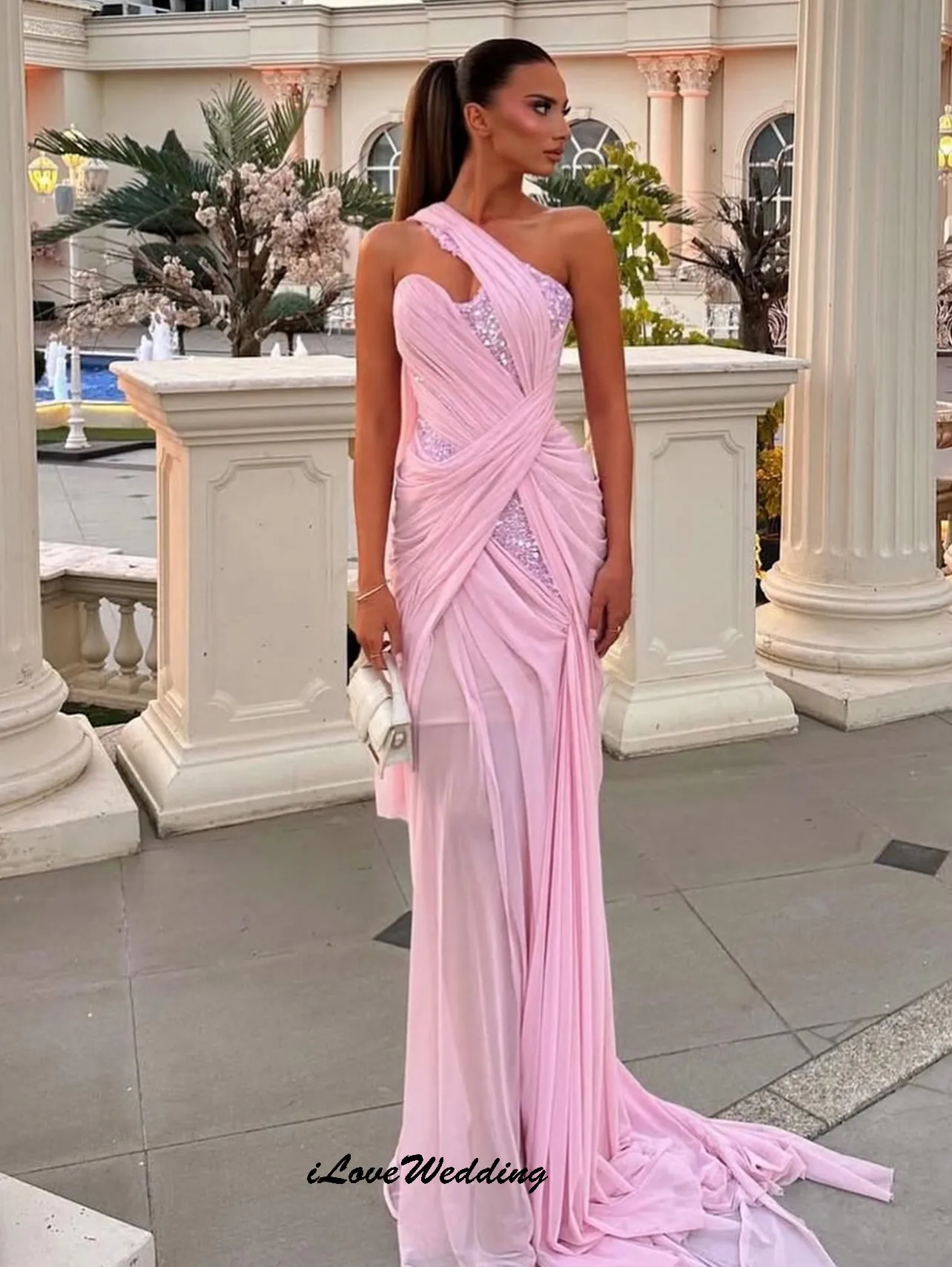 Customized One Shoulder Pink Chiffon Prom Dresses 2025 Pleated Elegant Wedding Party Dress For Women Guest Shiny Formal Gowns