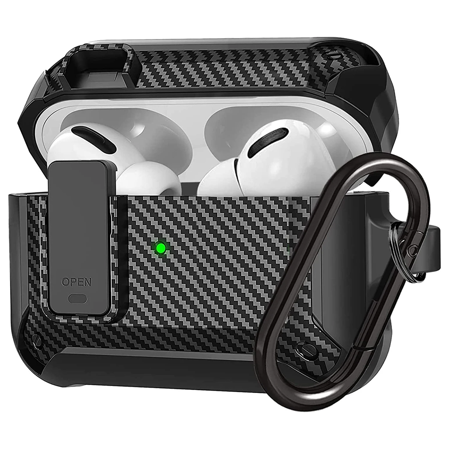 Carbon Fiber Hard Shell Case com Keychain, Secure Lock Clip, Capa para Airpods Pro 2, 2nd and 1st Generation