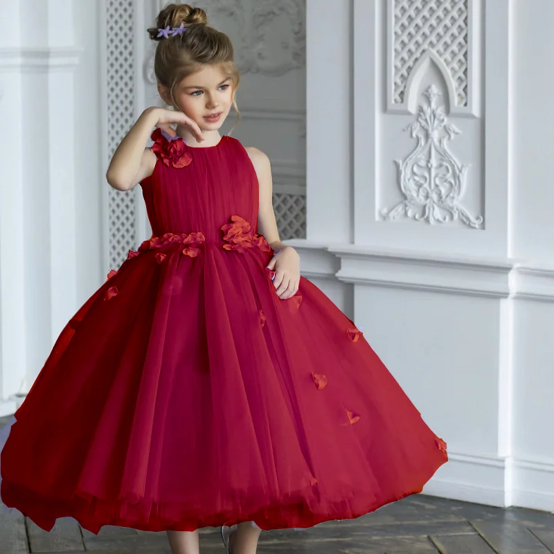 Robe de demoiselle d'honneur bourgogne en tulle gonflé de fleurs et pétales, pour mariage, fête d'anniversaire, première communion