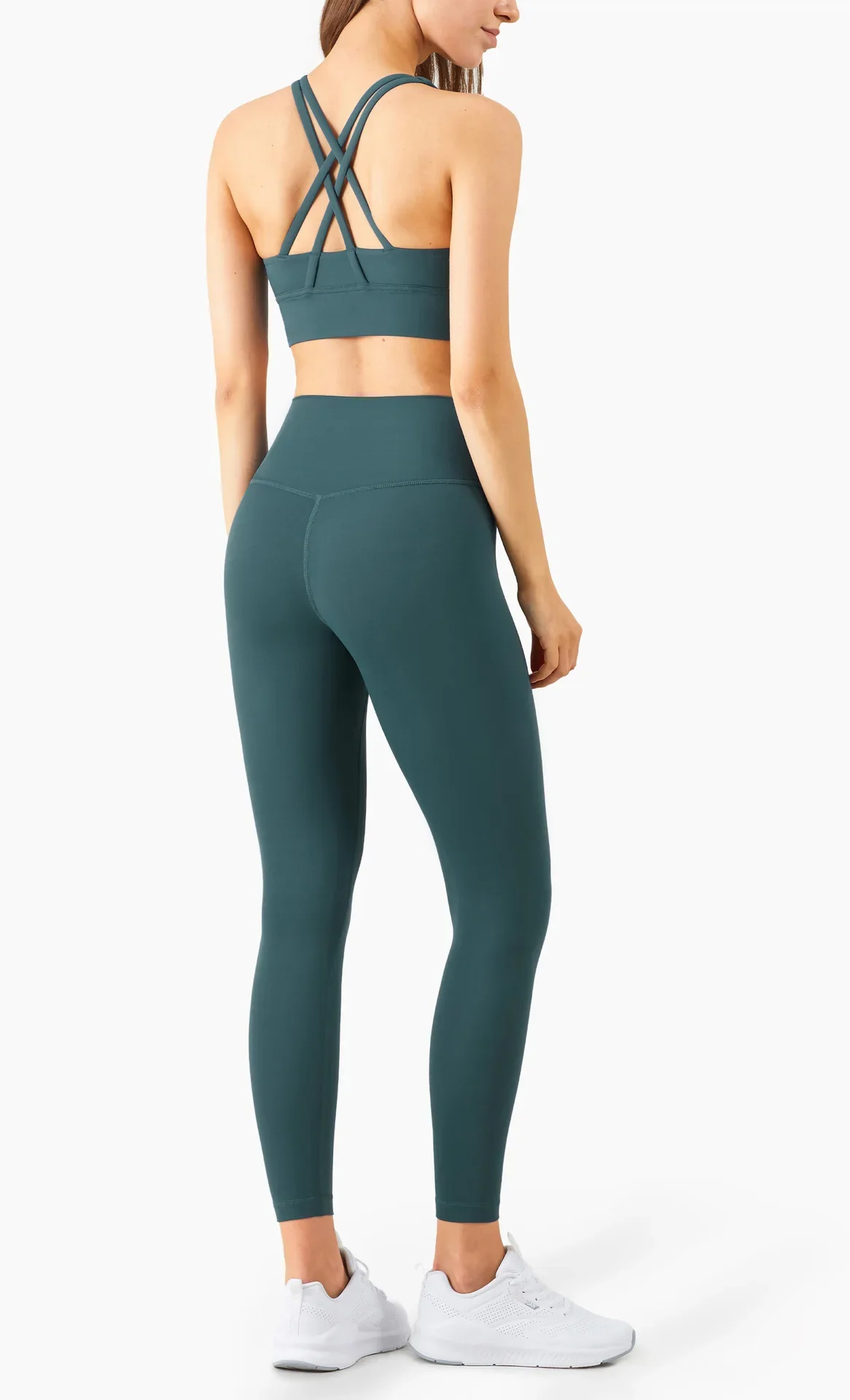 Damen Zweiteiliger Yoga-Anzug in Unifarbe, Hochintensiver Rückenfreier Yoga-BH, Hochgeschnittene Hüftlift-Leggings, Lauf- und Trainingsset – Detail 29