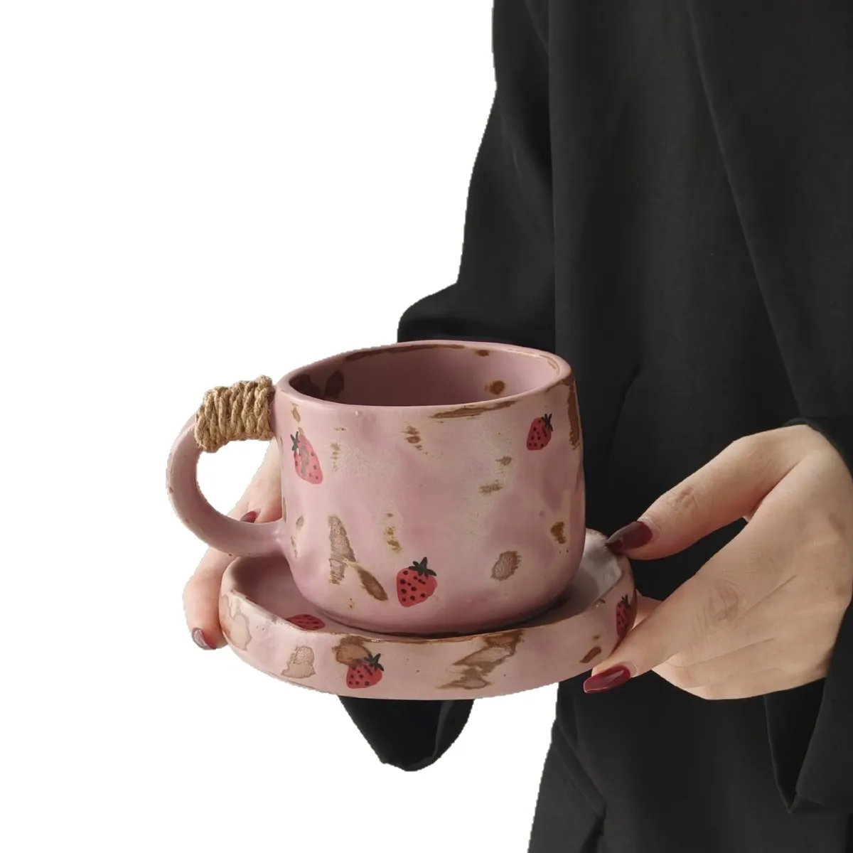 Set aus Keramik-Kaffeetasse und Untertasse mit Fruchtmuster, ästhetischer Frühstücksbecher, hochwertiges Trinkgeschirr