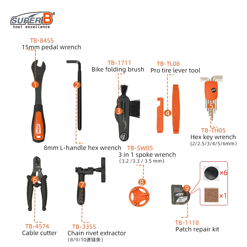 Super B Bicycle Professional Repair Tool Sets Pedal/Hex/Spoke Wrench 15 pcs Tool Roll Repair Kit TBB100