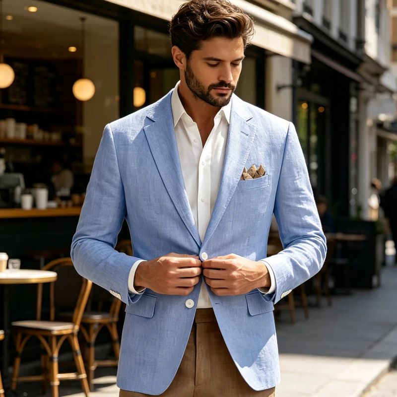 Men's Linen Blazer Notch Lapel 2 Buttons Slim Fit Casual Sport Jacket Lightweight Breathable Summer Business Wedding Daily Wear