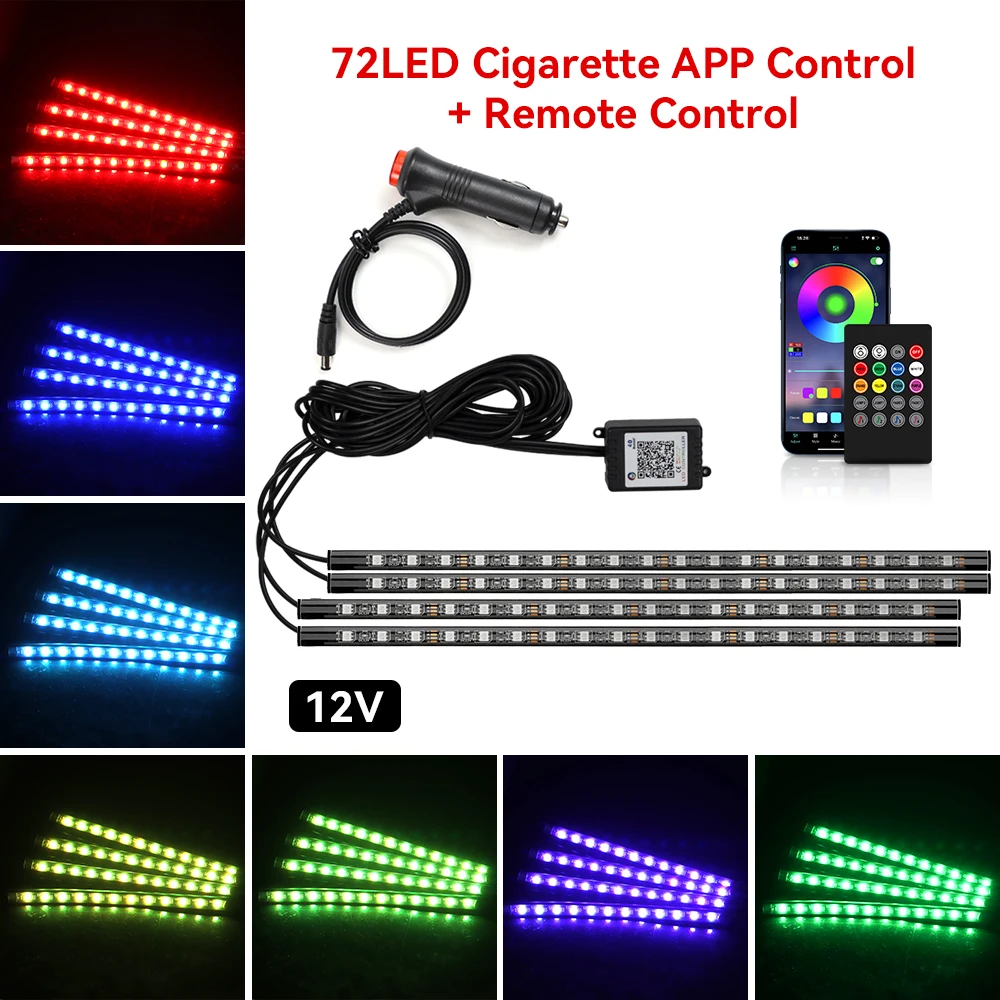 Neon 48 72 LED auto-interieur omgevingsvoetlicht met USB draadloze afstandsbediening muziek app-bediening auto RGB sfeer decoratieve lampen