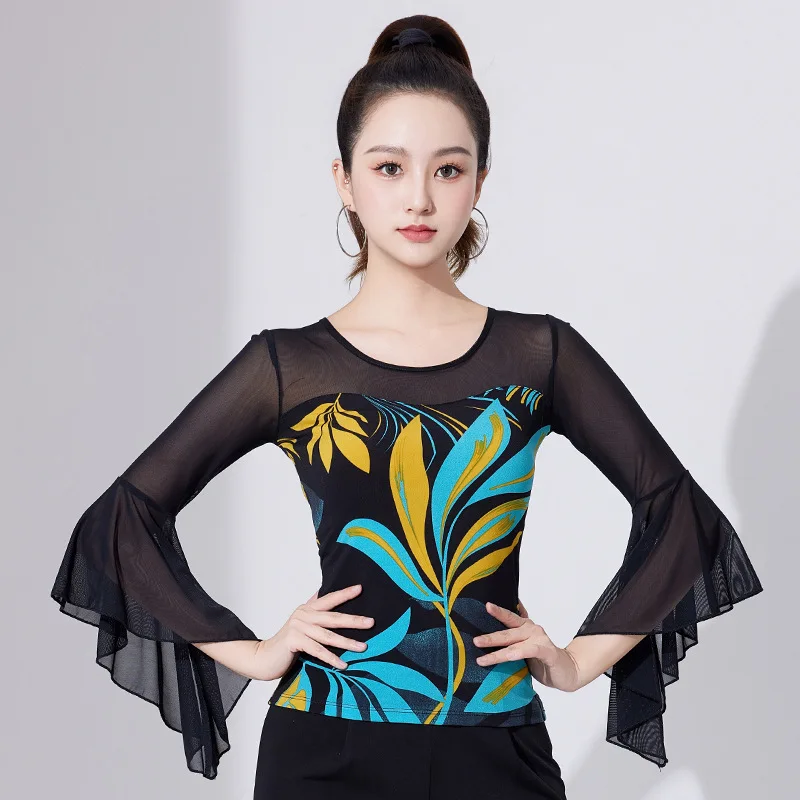 Party Dresses Latin Dance Suit Women Modern Dance Tops Summer New Mid Sleeve Ballroom Sexy Latin Dance Jumpsuit Printing Top