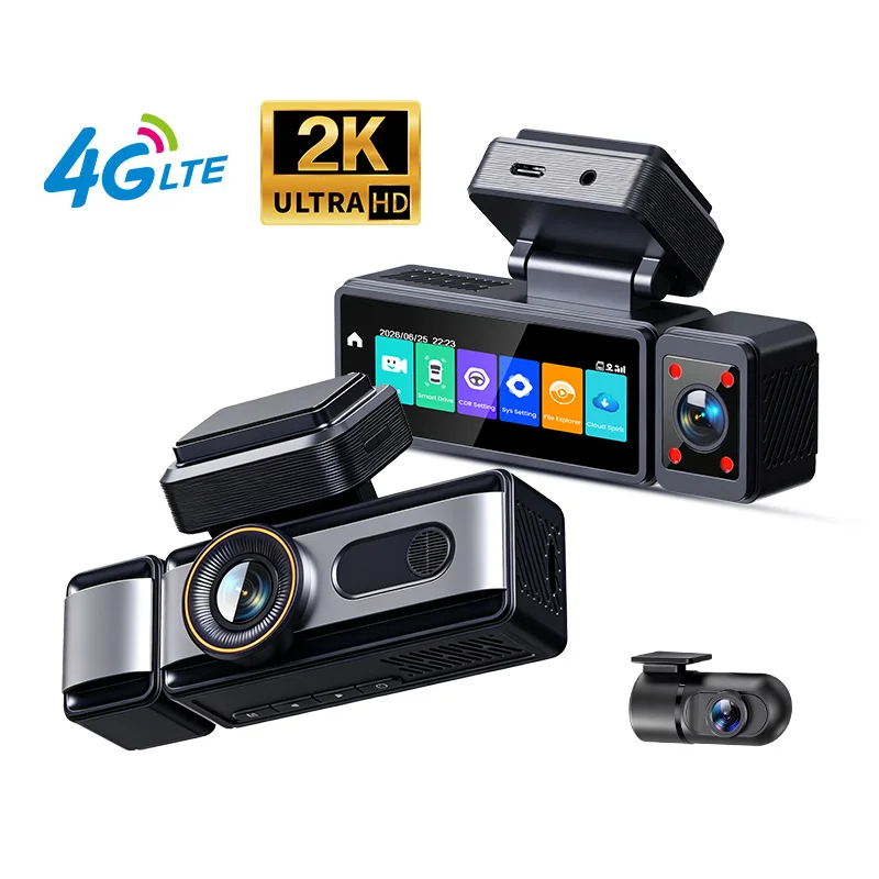 3 Channels 4G AI Dash Camera ADAS DMS Triple Lens Front+ Cabin IR Night Vision FishEye Lens+Rear GPS Tracking 4G Car Camera DVR