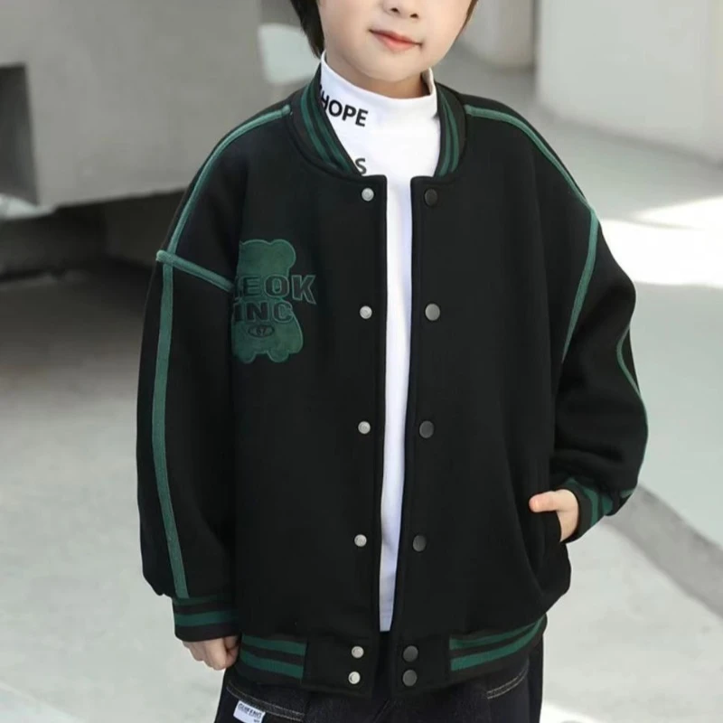 Boys' Fleece Lined Hooded Baseball Jacket 2025 Spring Fall Korean Style Hot Sale Youth Fashion Warm Coat for Boys