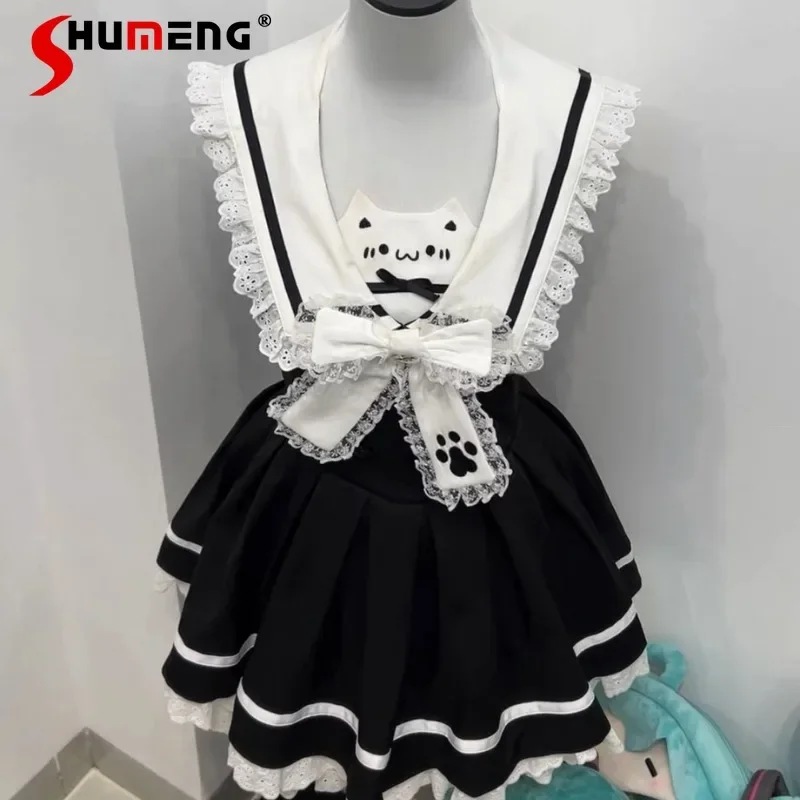 Japanese Subculture Mine Series Hot Girl Slim Fit Vestidos Navy Cat Cartoon Print Lace Sleeveless Backless Dress Women's Clothes