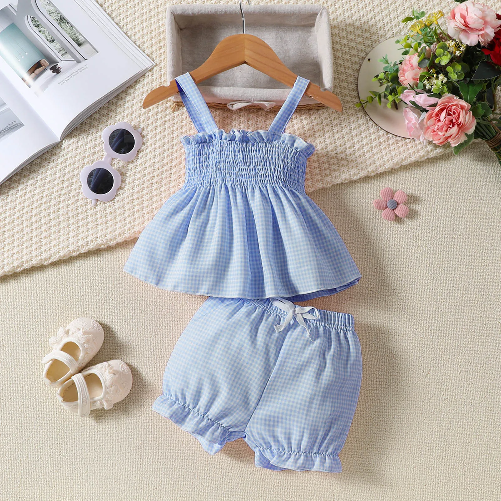 Infant Baby Girls Sleeveless Clothes Sets Solid Color Ruffles Vest Tops Shorts Summer Short Sets Two Outfits Baby Clothing 0-3Y