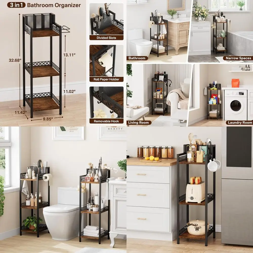 

Multipurpose 3-Tier Metal Corner Stand with Hair Dryer Holder and Toilet Paper Storage, 9.85 Black