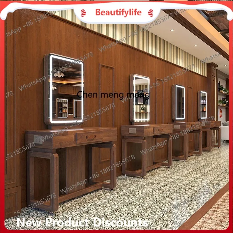 Discounts High-end retro solid wood hair salon mirror table barber shop haircut perm and dye hair salon single and double mirror
