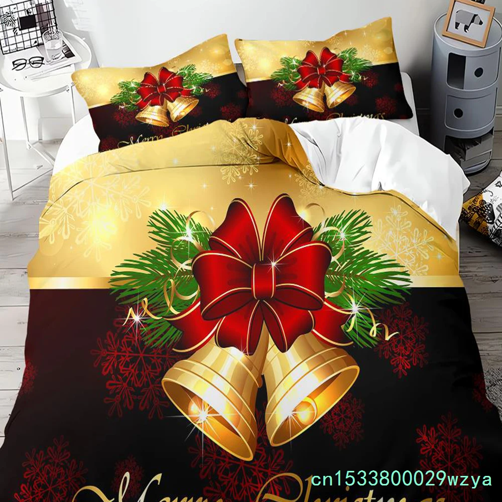 Merry Christmas Duvet Cover Gold Bell Bow Bedding Set For Children Teens Holiday Gifts Bedroom Decoration Queen King Full Size