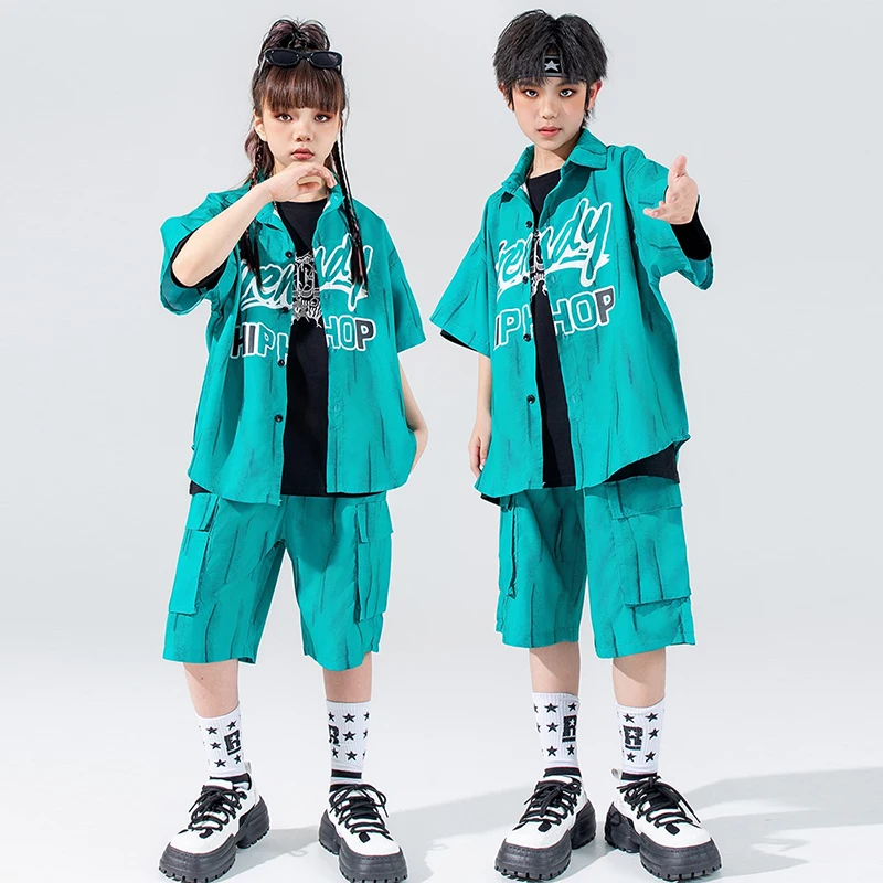 

Children Street Dance Performance Outfit Boys Jazz Dance Costume Girls Hip Hop Stage Wear Oversize Shirt Shorts Balck Top 1283