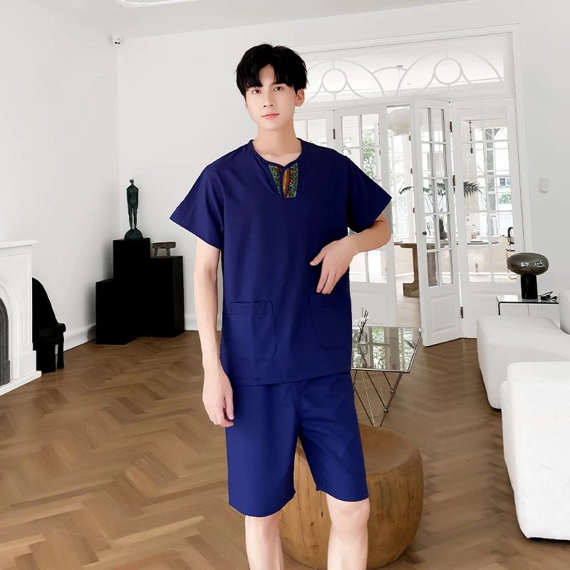 النمط الصيني زوجين ثوب السباحة بلايز + سراويل قصيرة التايلاندية سبا تدليك العلاج الطبيعي الملابس العرق تبخير القطن الكتان موحدة #4