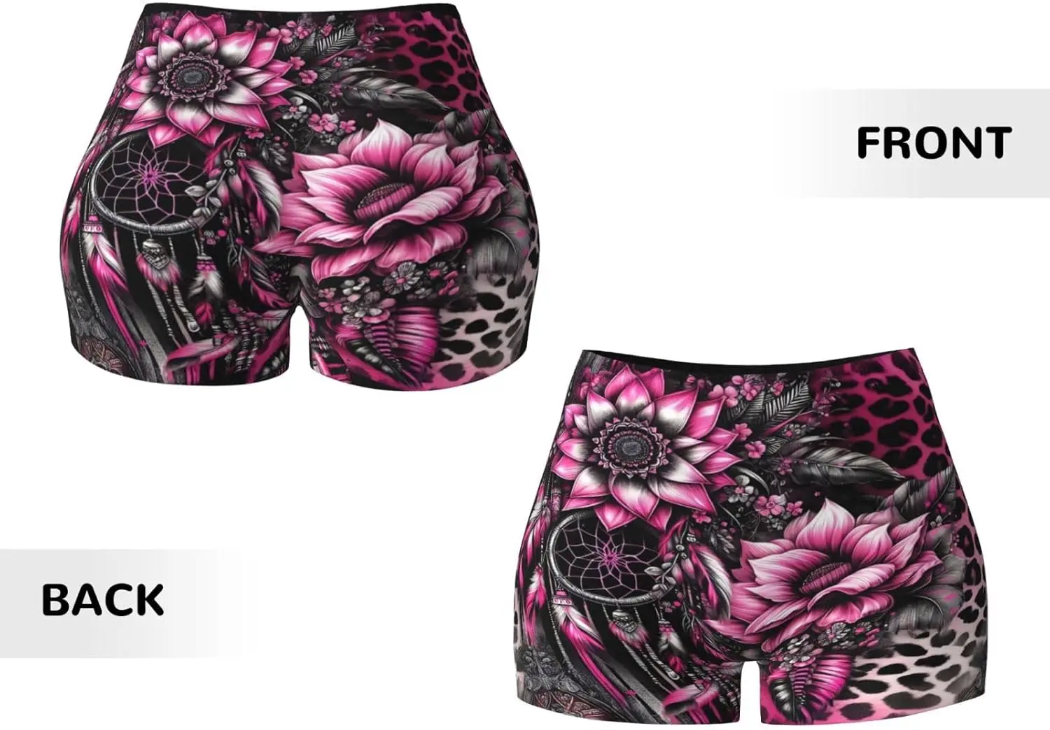 กางเกงขาสั้นออกกำลังกายพิมพ์ลายดอกทานตะวันสีชมพูสไตล์ตะวันตก กางเกงขาสั้นออกกำลังกายเอวสูงสำหรับผู้หญิง กางเกงขาสั้นโยคะแบบยืด