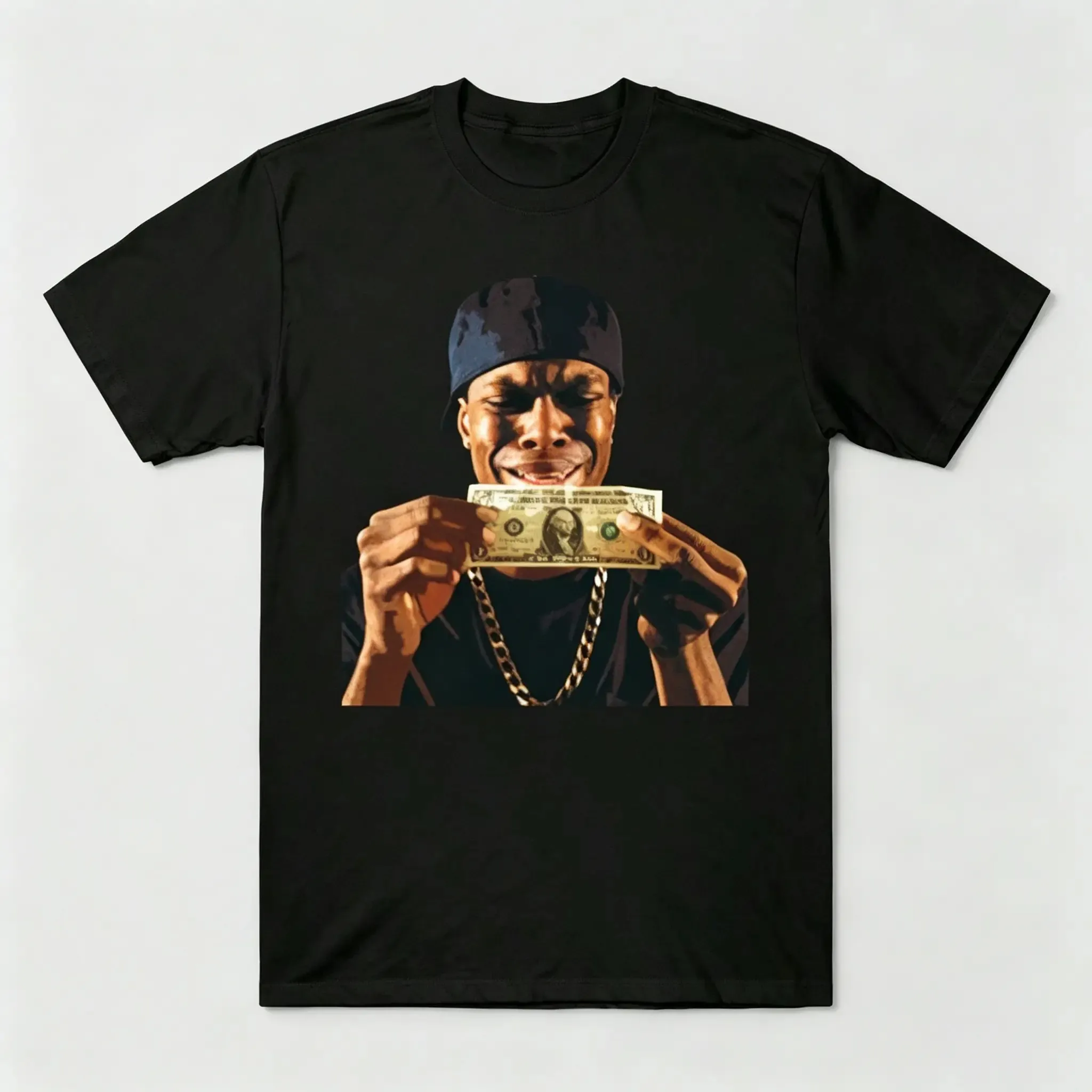 Hip Hop Holding Dollar Bill Portrait T-Shirt for Men_Women (Unisex), Vintage Retro Rap Music Streetwear Casual Cotton Short Sleeve Tee, Black_White