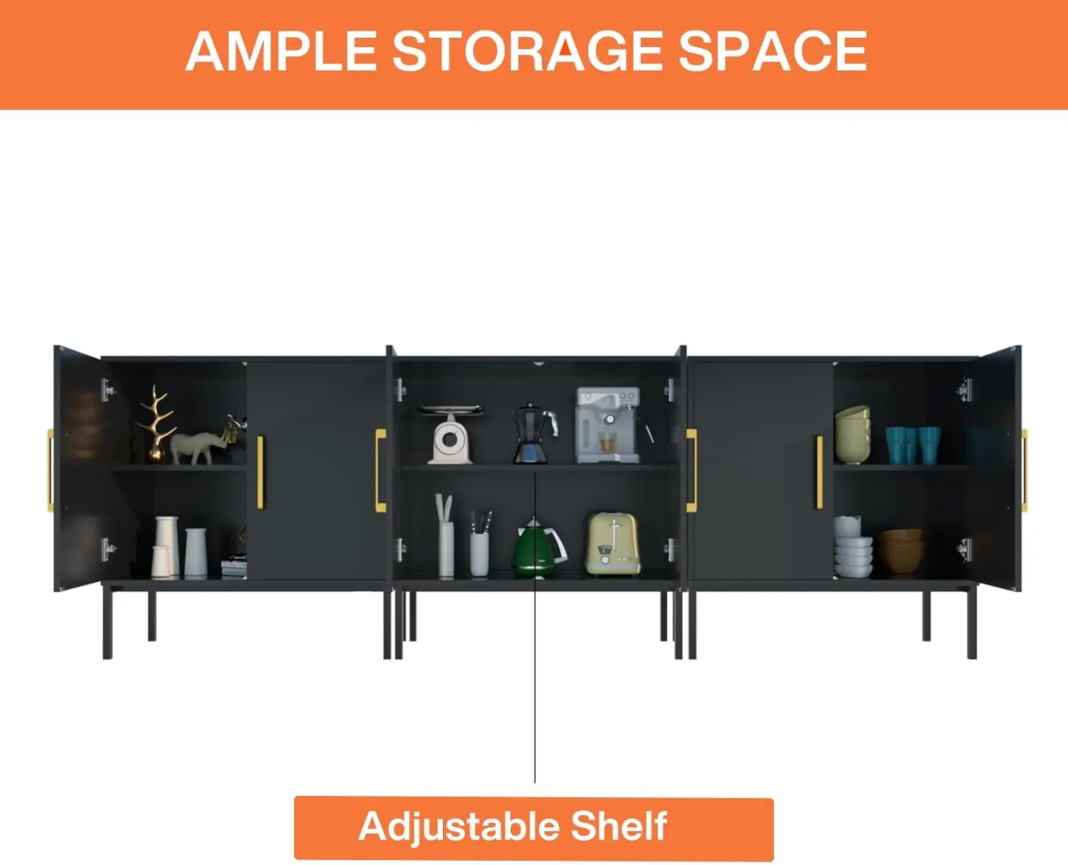 ตู้ไซด์บอร์ดบุฟเฟ่ต์พร้อมชั้นวางปรับระดับได้ สีดำทอง โมเดิร์น ทำจากไม้ สำหรับห้องนั่งเล่น ห้องครัว ทางเดิน ชุด 3 ชิ้น