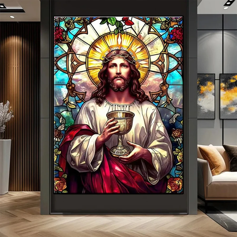 Diamond Painting Colored Glass Religion: Christ Jesus 5d Diamond Embroidery Full Diamond Mosaic Cross Stitch Decoration