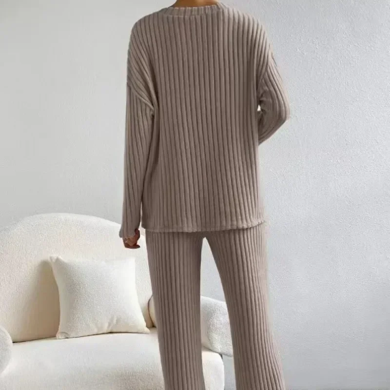 Women\'s Pajamas Autumn Winter New Casual Straight Pants Pullover Sleepwear Loose V Neck Knitted Home Wear Two Piece Loungewear