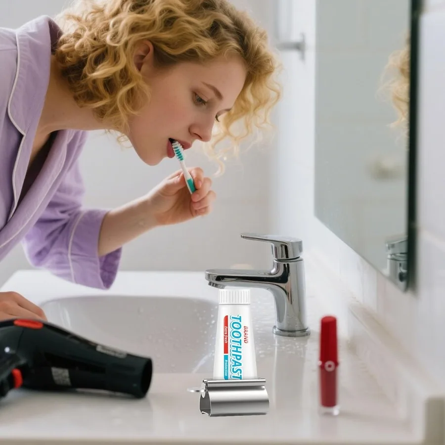 أداة توزيع أنبوب معجون الأسنان المعدنية المصنوعة من الفولاذ المقاوم للصدأ للاستخدام في الحمام، لون فضي يستخراج بكفاءة كل آخر Dro