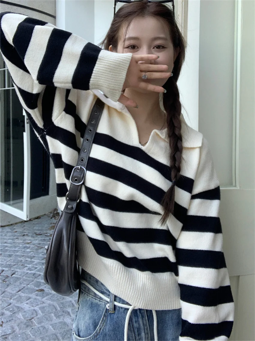 Alien Kitty Stylish Sweaters Office Lady Knitted Women Loose Autumn Daily Outwear 2023 OL Chic Pullovers Stripes Full Sleeve