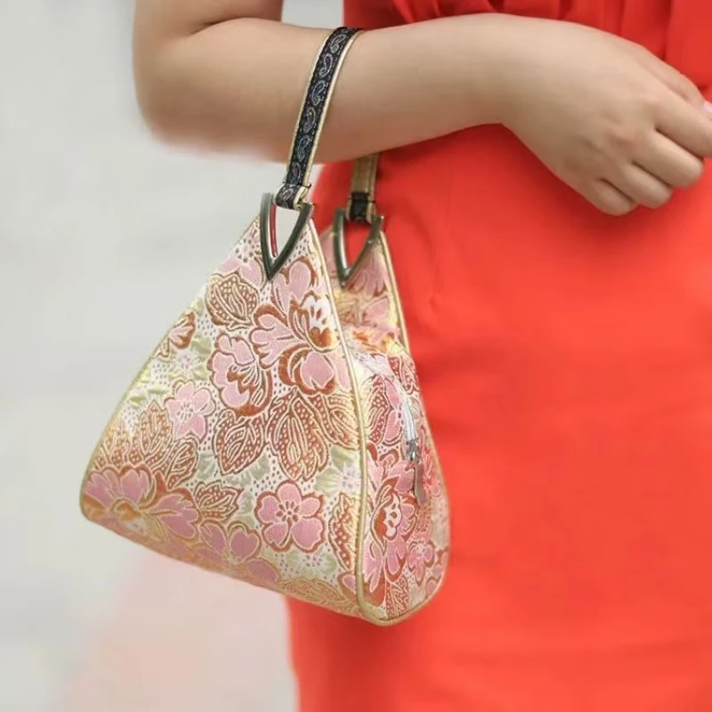 Chinese Style Brocade Silk Triangle Handbag Women's Printed Bag Gold Thread Ethnic Crossbody Wrist Bag for Shopping