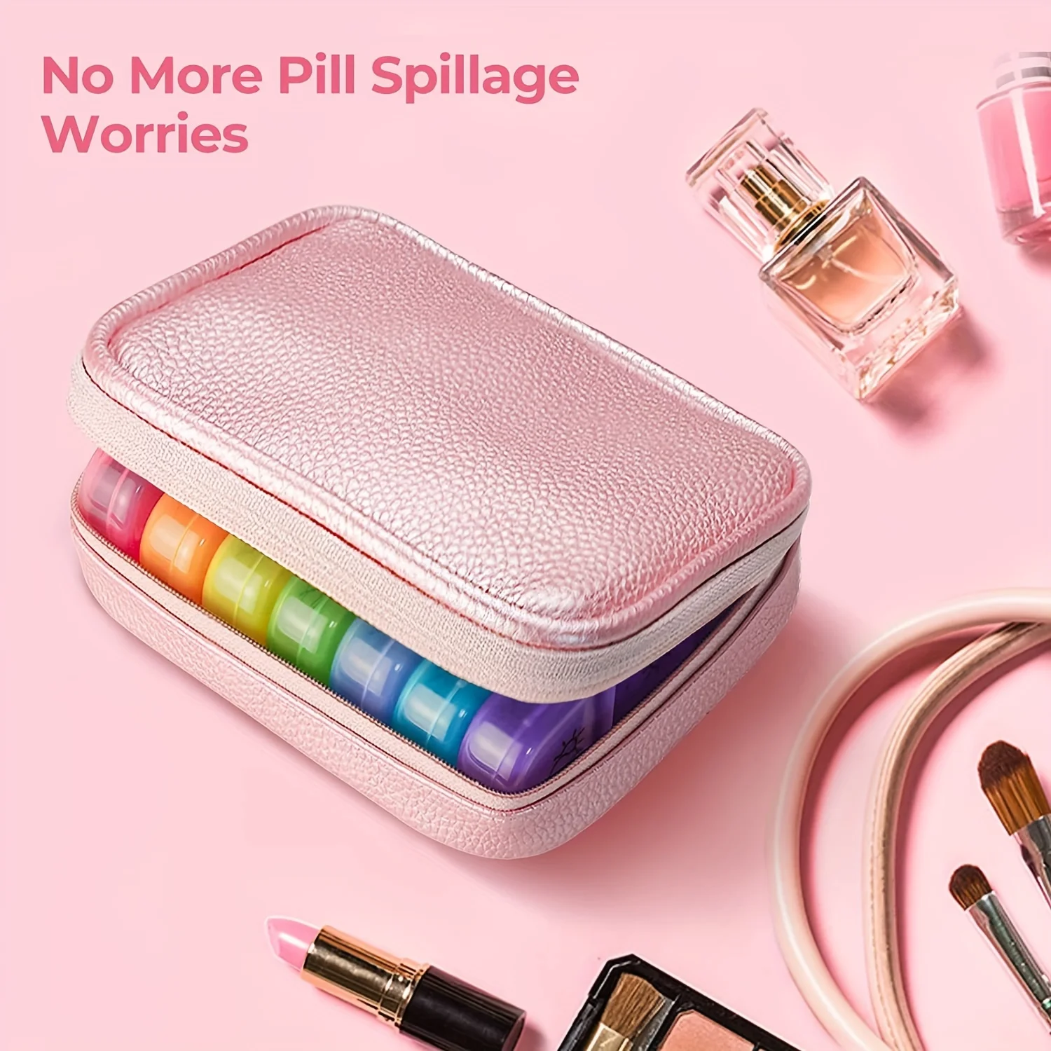 Weekly Pill Organizer 3 Times a Day, Portable 7 Day Pill Box with a PU Leather Bag for Travel, Fish Oils, Supplements, Pink