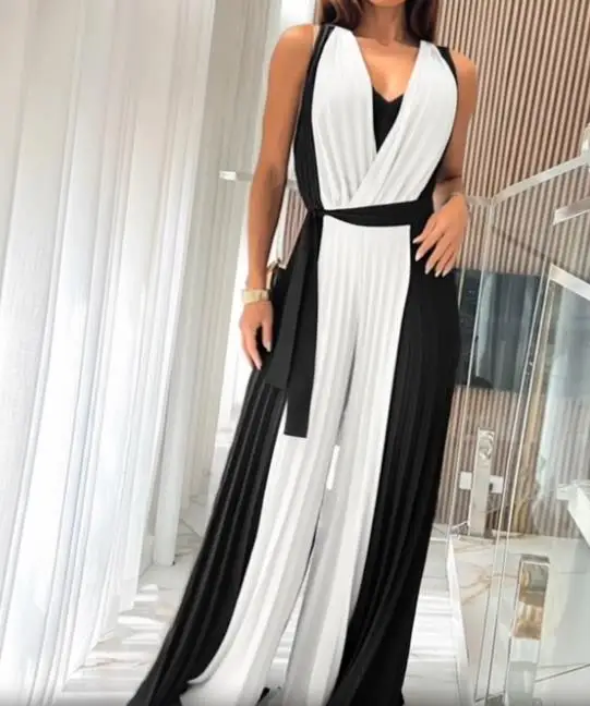 

Colorblock Sleeveless Jumpsuit Criss Cross Plunge V Neck Casual Waist Tied Detail Pleated Romper for Women