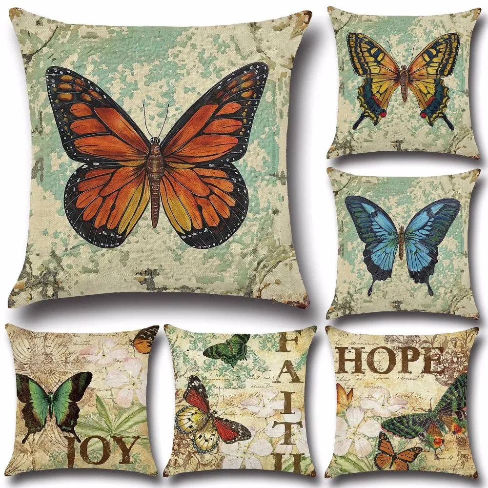 

Hot Selling New 3D Butterfly Linen Cushion Cover Pillow Cover Birds For Decoration Vintage Coussin 45X45CM OU 004