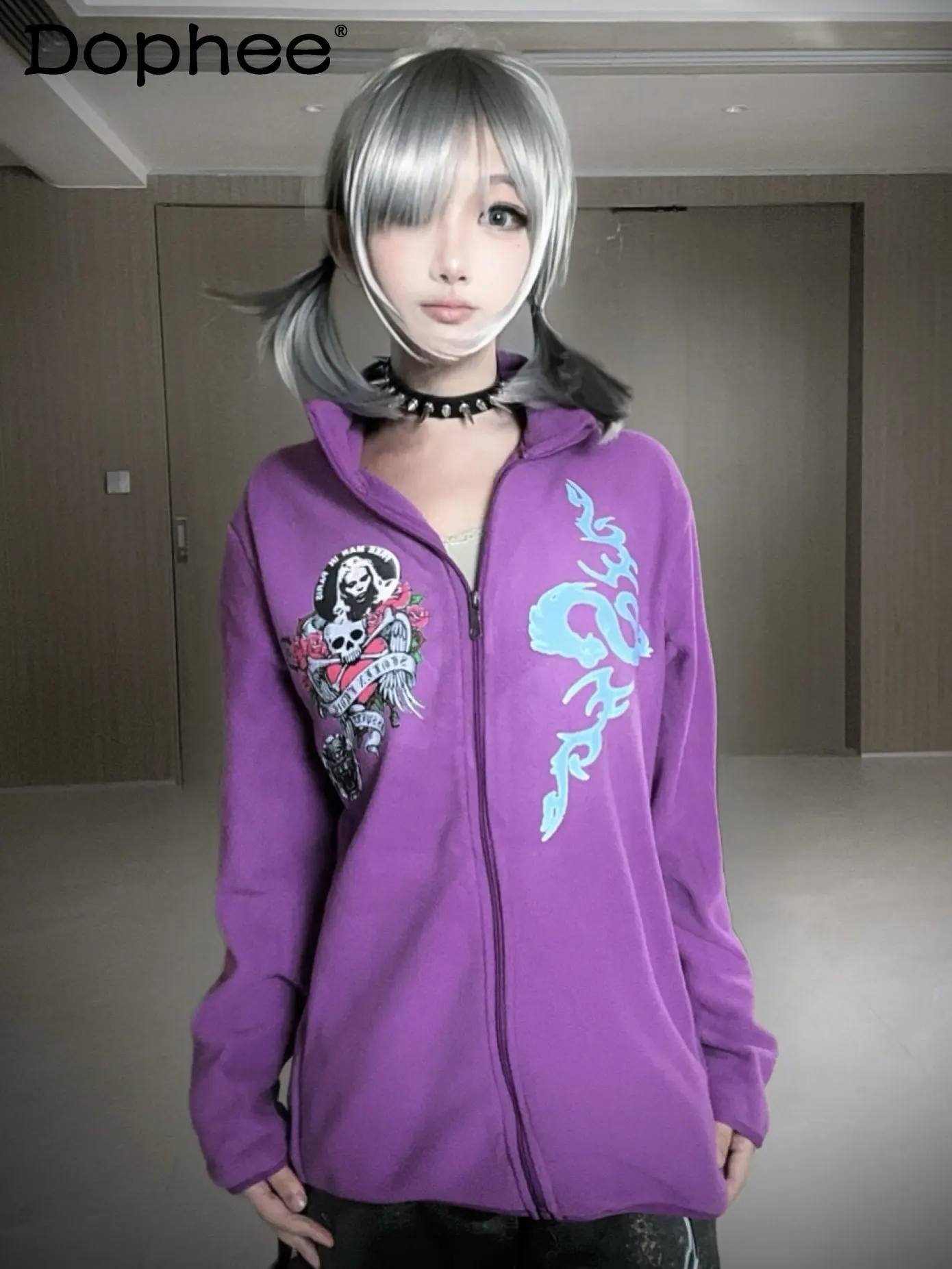 

Японская оригинальная толстовка в стиле Y2K, американский модный тренд, панк-готика, свободная повседневная куртка на молнии