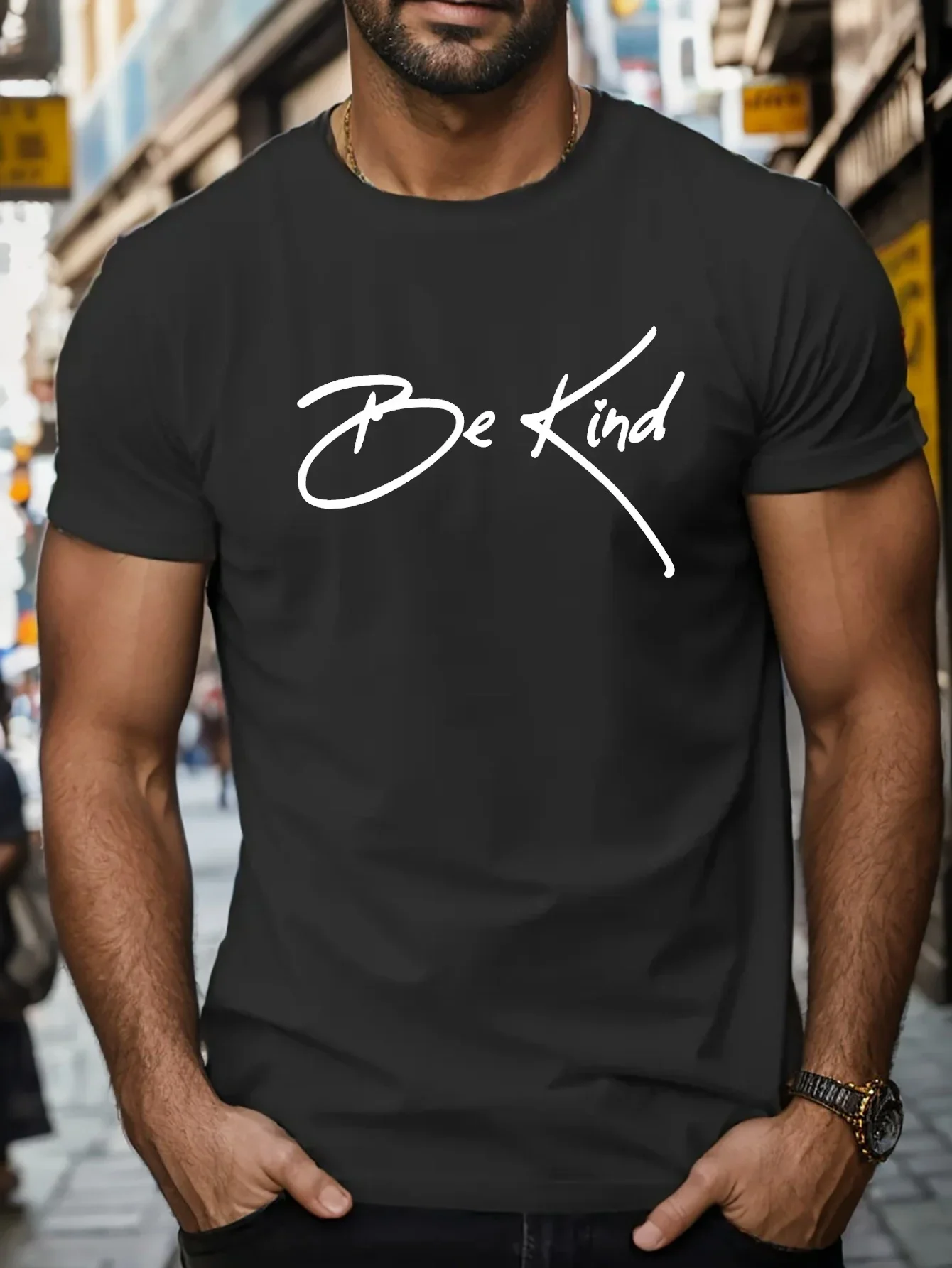 Fashion New Be Kind Cursive Letter Graphic T-Shirt Men Simple Positive Text Casual Basic Short Sleeve Tee