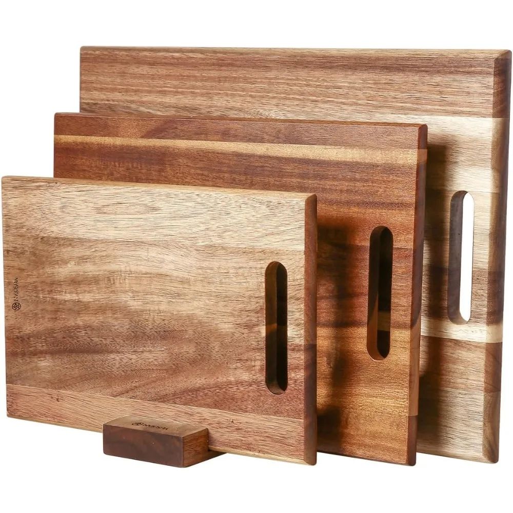 

3-piece Acacia Wood Cutting Board Set for Kitchen, Large Wooden Cutting Board Set with Handle, Thick Chopping Board, Butcher Blo