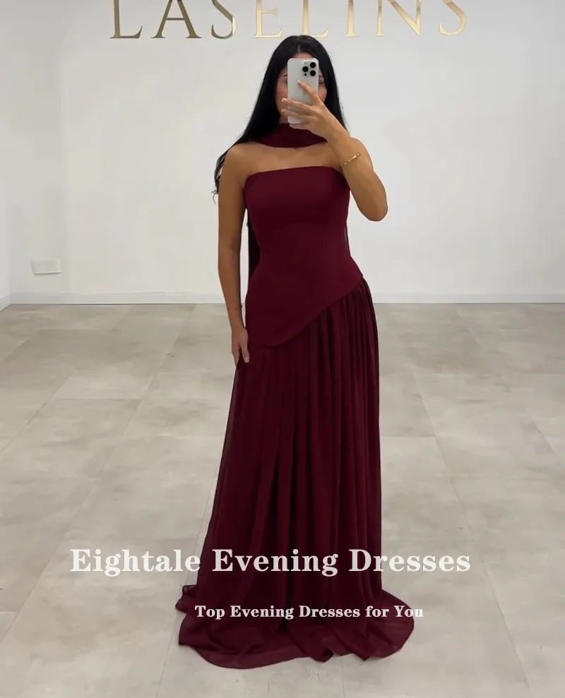 Eightale-vestido de noche árabe sin tirantes, plisado, sin mangas, color Burdeos, vestido de fiesta musulmán personalizado, vestido de fiesta de boda, sirena