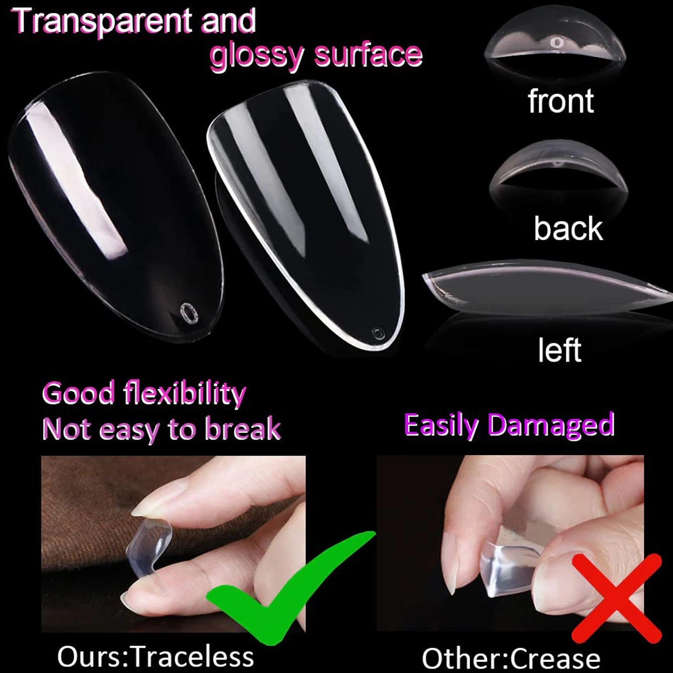 ปลายเล็บปลอมทรงอัลมอนด์สั้น 120 ชิ้น ปลายเล็บปลอมแบบเต็มเล็บ ปลายเล็บต่อแบบกึ่งด้าน ปลายเล็บอะคริลิก