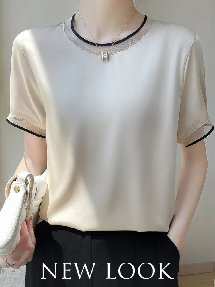 

Fashion Women's T-shirt short sleeve silk oversized T-shirt o neck casual satin tees summer solid champagne loose T-shirts woman