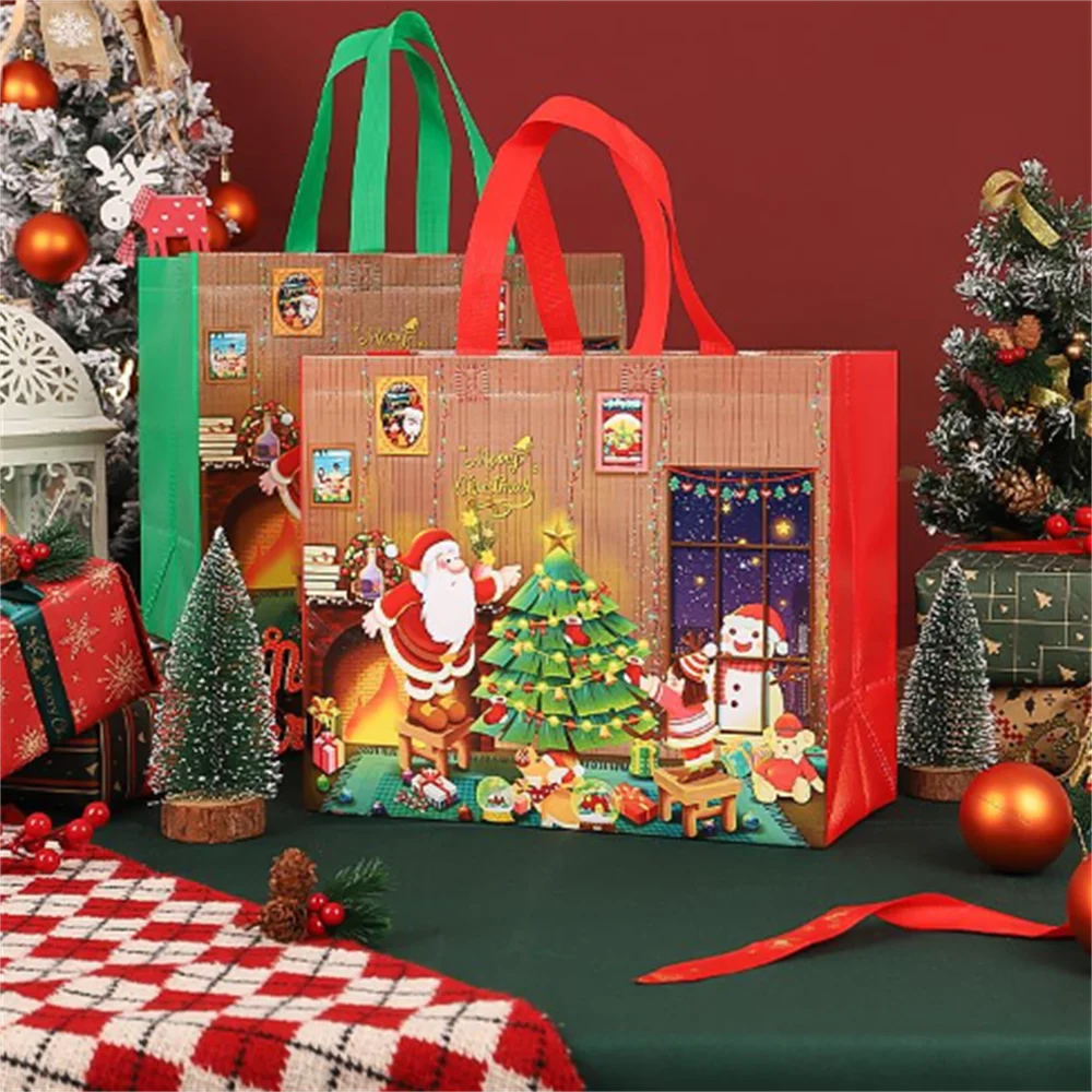 Bolsa de mano no tejida, bolsa con asa de Navidad no tóxica, bolsa de compras reutilizable, embalaje decorativo de regalo de vacaciones para almacenamiento de compras