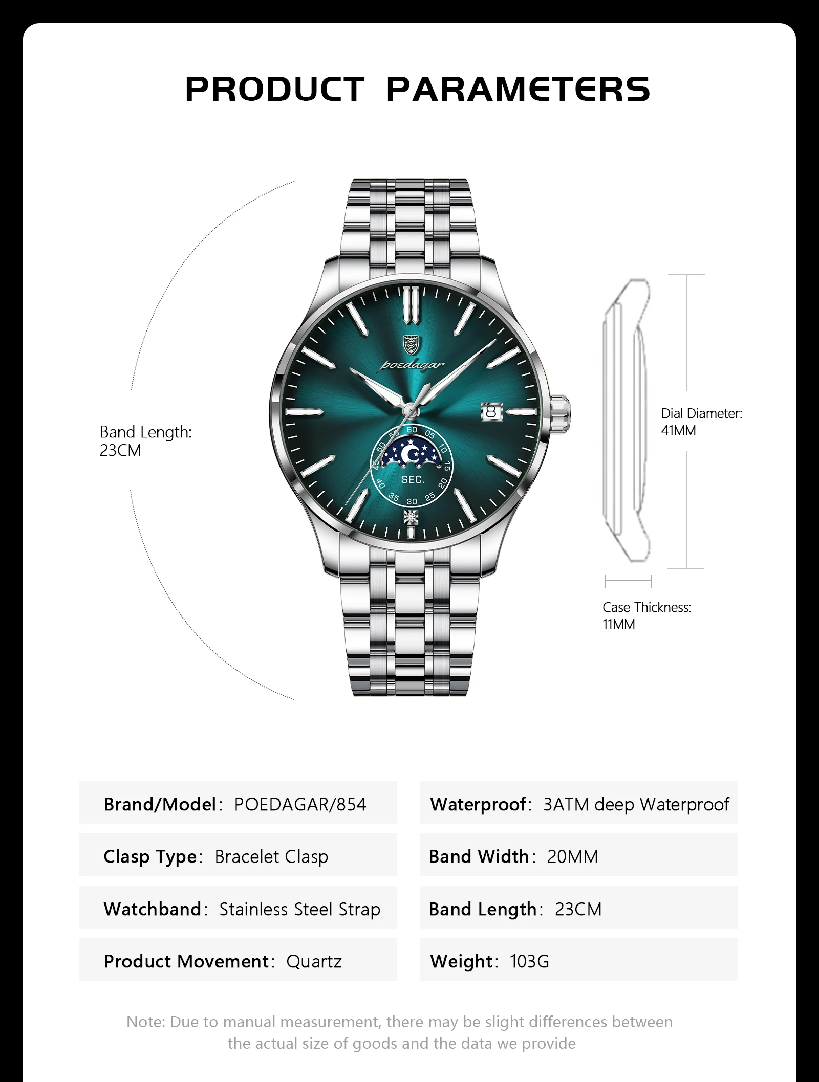 POEDAGAR Top-Luxus-Herrenuhr, Casual Edelstahl Quarz Herren-Armbanduhr, Wasserdicht, Leuchtend, mit Datum, Modische Herrenuhren Reloj – Detail 7
