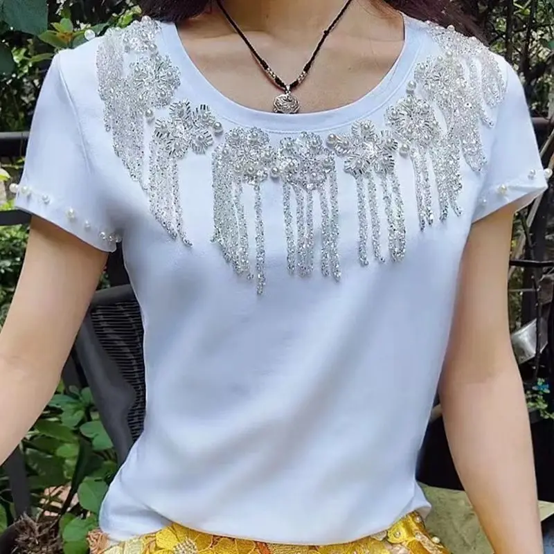 Luxury Beading Sequined Tassel Cotton T-shirt for Women New 2024 Summer O Neck Short Sleeve White Tops Tees T Shirt Femme