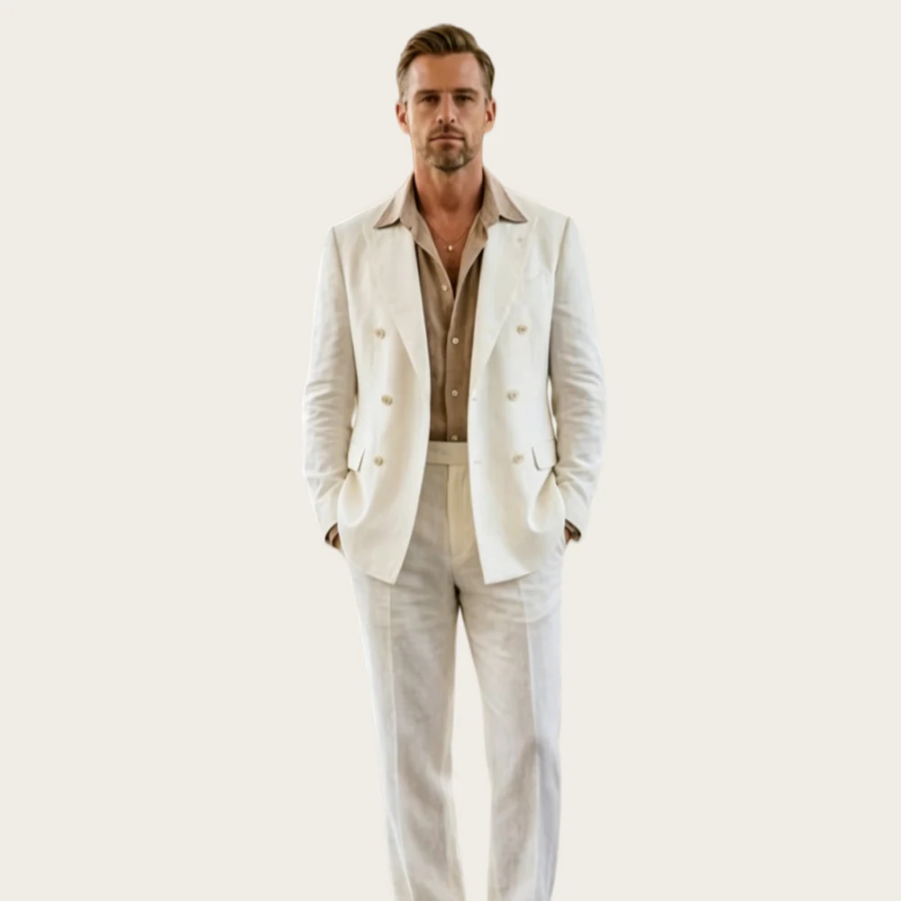 

Mophiel Linen Men's Suits Double Breasted Suit 2 Pcs High Waist Pants Summer Formal Tuxedo Prom Wedding Party Blazer Customized