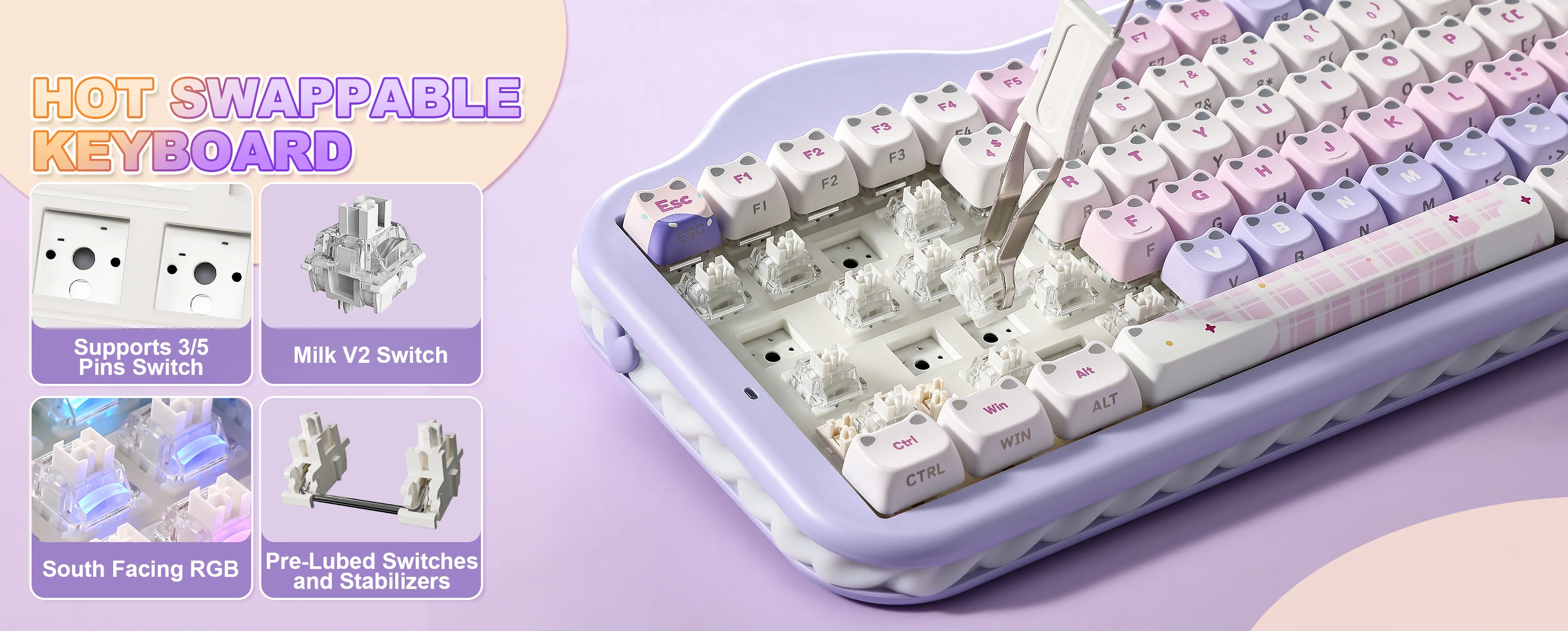 YUNZII C75 MAO Edition Mechanical Keyboard,Cute Ear Translucent Keycap,Wireless 75% NKRO Keyboards,RGB Cake Design for Win/Mac