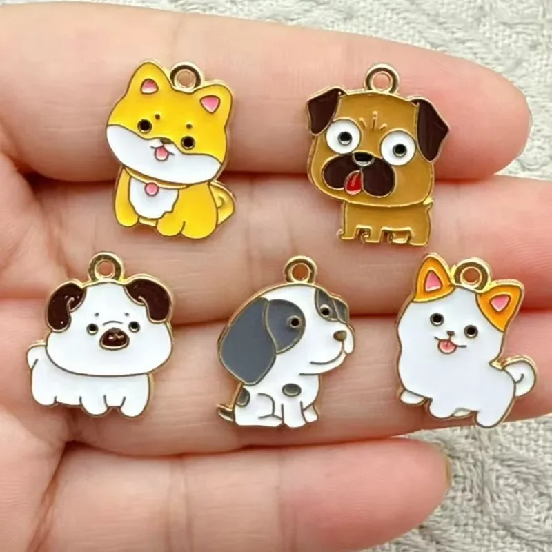10Pcs Cartoon Dripping Oil Dog Alloy Pendants, DIY Keychain Bracelet Decor Accessories