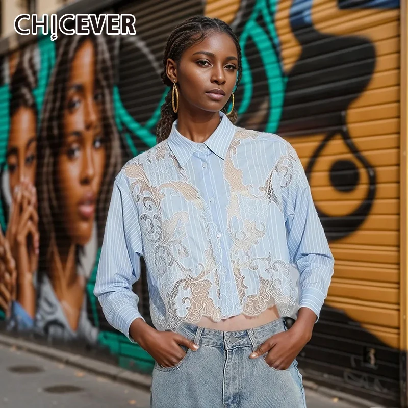 CHICEVER Hit Color Striped Blouses For Women Lapel Long Sleeve Single Breasted Patchwork Lace Embroidery Short Shirts Female New