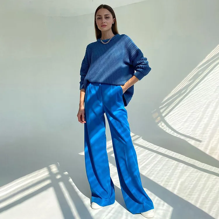 Blue Office Women'S Pants 2025 Fashion Loose Full Length Ladies Trousers Casual High Waist Wide Pants For Women