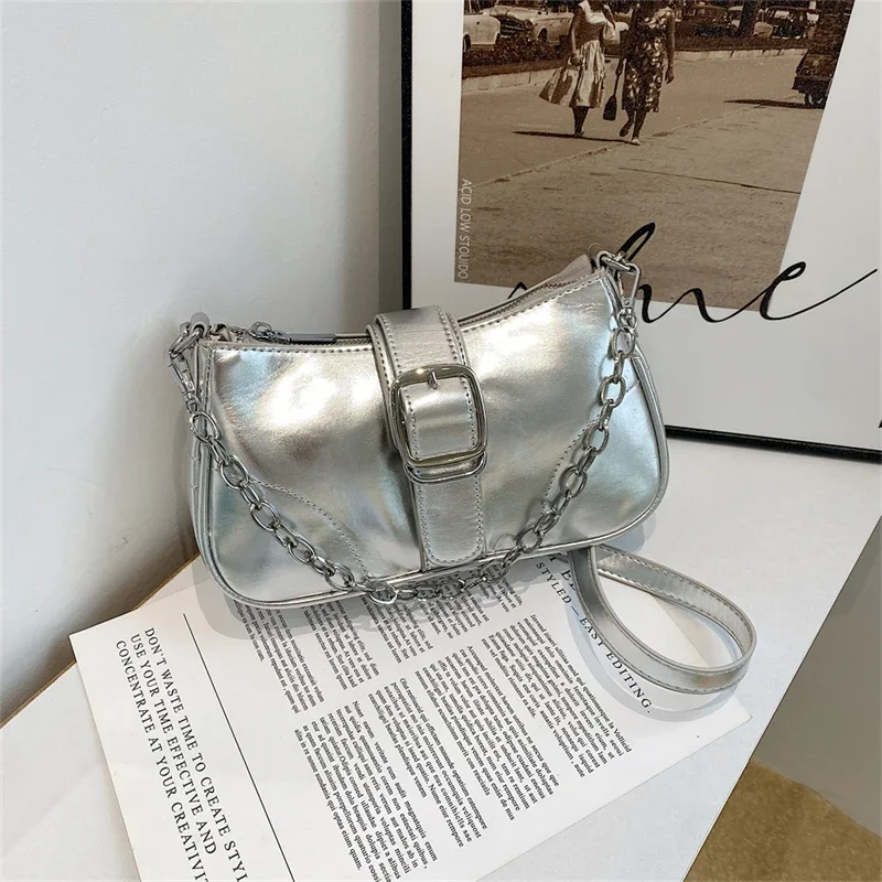 

2025 Super Cool Colorful Glossy PU Shoulder Bags Hasp & Zipper Chains Personality Hot Trendy Fashionable Women's Crossbody Bags