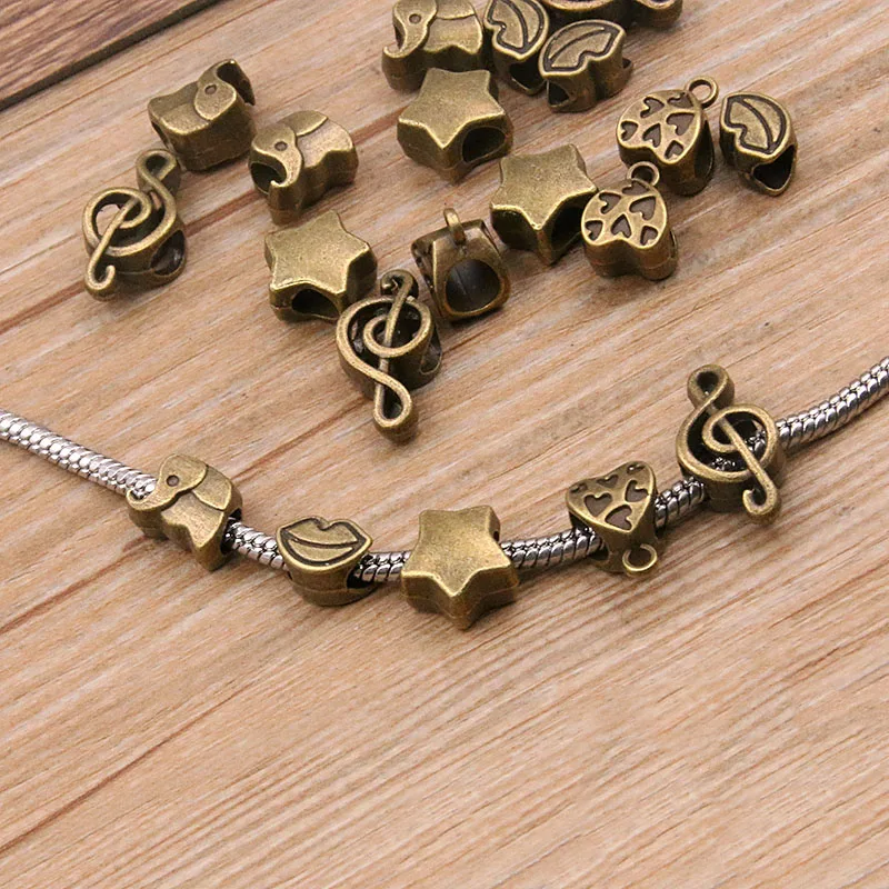 20Pcs 5 Styles Antique Bronze Elephant Hearts Lips Stars Spacer Bead Charms For Diy Beaded Bracelets Jewelry Handmade Making