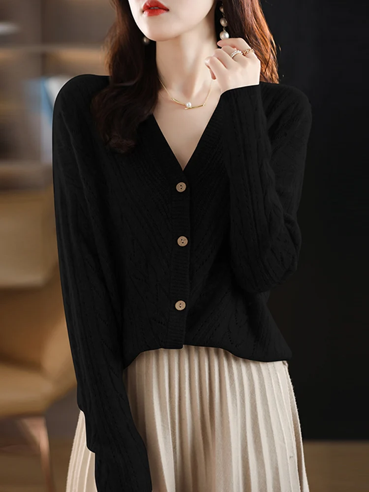 Suéter elegante de lana merina de 100% para mujer, cárdigan informal de punto para otoño e invierno, ropa calada de manga larga para mujer, Tops