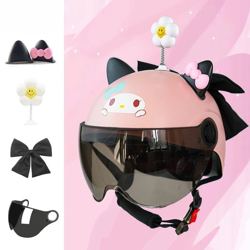 Hello Kitty Kuromi schattige tweedimensionale zonnebrandhelm voor jongens en meisjes elektrische auto rijden anti-val voorruithelm