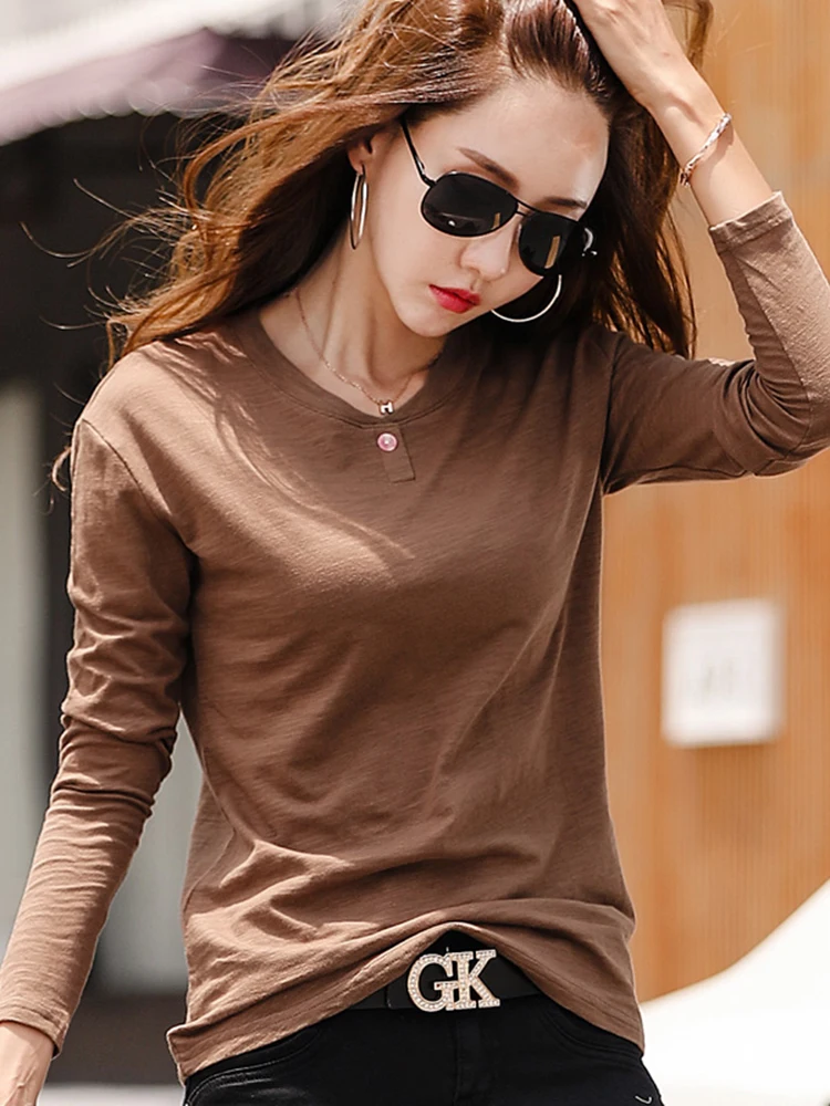 2024 Long Sleeve Spring Women Slub Cotton T Shirts Female Button Green V-Neck Solid Color T-shirt Coffee Korean Soft Loose Tops