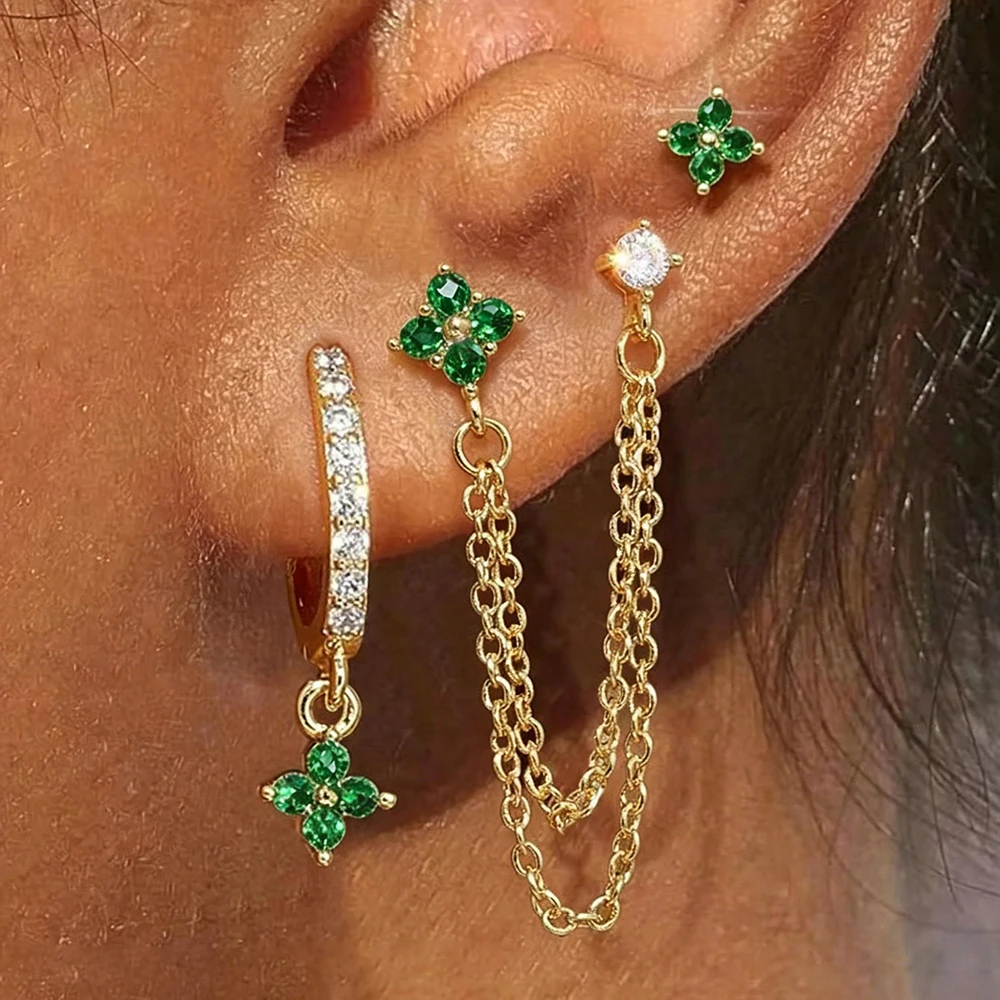 3PCS Simple Four Leaf Grass Dangle Earrings Sets For Women Zircon Flower Double Layers Tassel Chain Stud Earring Fashion Jewelry